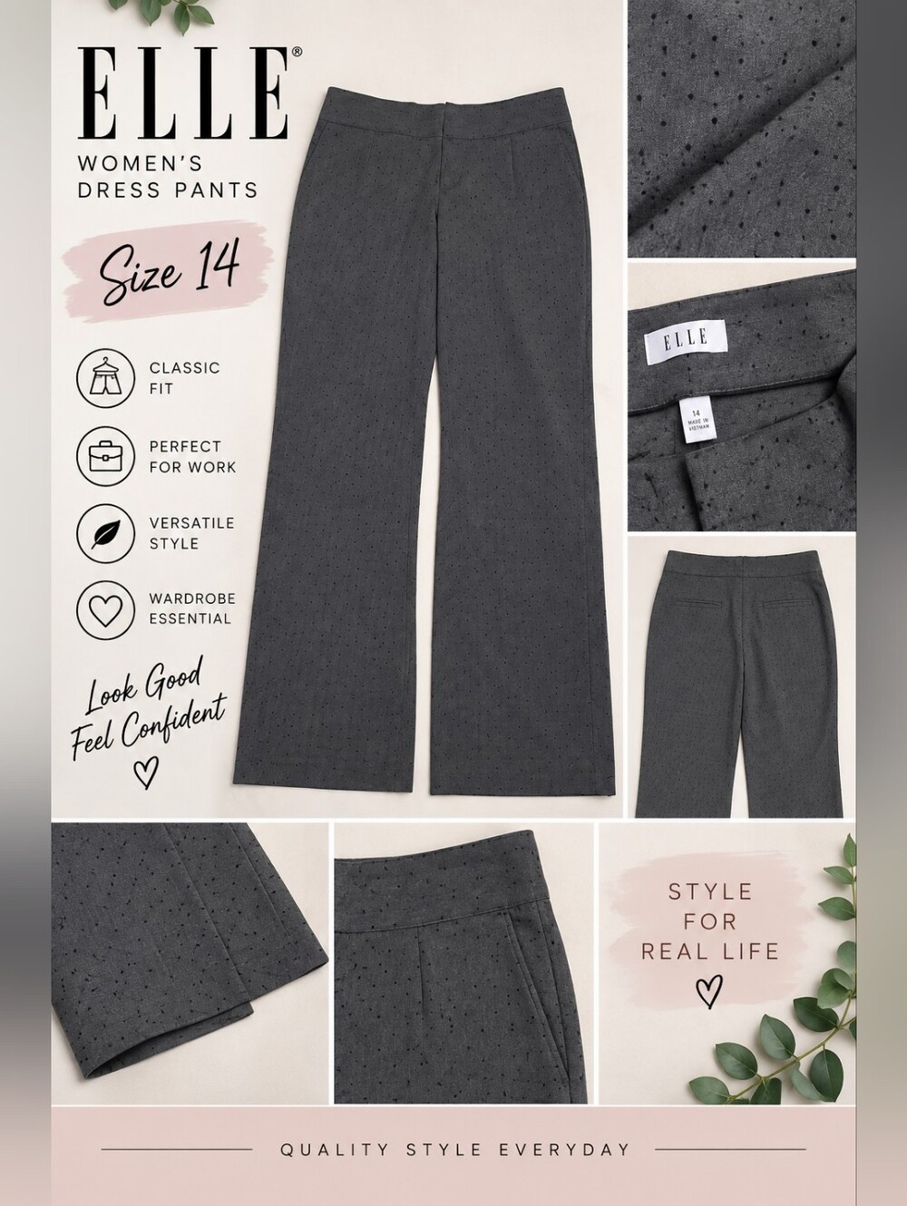 Elle women's size 14 Grey polkadot dress pants #29